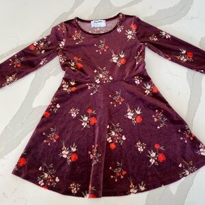 Old Navy Girl Velvet Dress Burgandy Rose Floral Long Sleeve A Line
